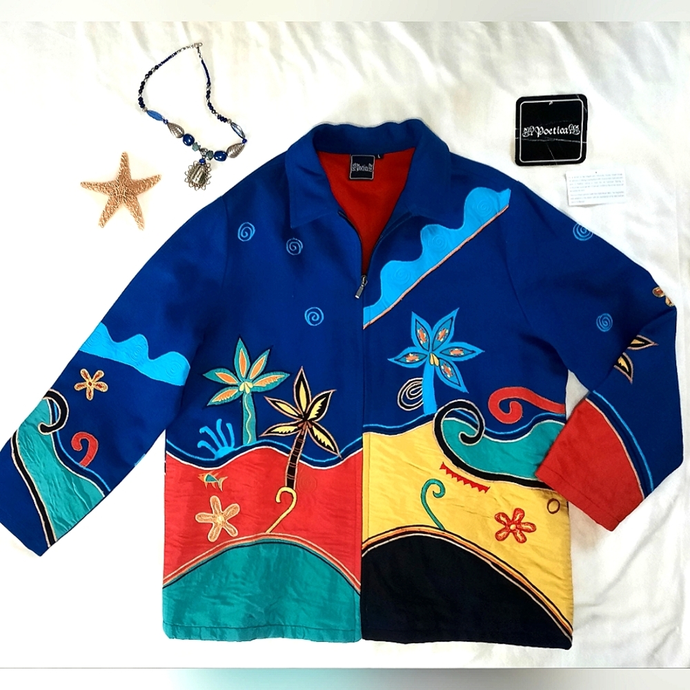 POETICA Vibrant, Embroidered Tropical Patchwork Jacket, Zippered